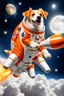 Placeholder: white and orange dog flies to the moon on top of the a rocket