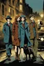 Placeholder: Design a detective book cover for teenagers. Three teenage detectives and black cat in the centre, one boy on her left, the girl in the centre and one on her right are on the town street. Banksy style, modern comic book style, mysterious atmosphere,