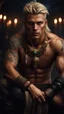 Placeholder: warriorking, blonde, male, tan skin, tattoos, jewels,photorealistic 4k dark fantasy