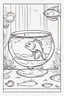 Placeholder: blank colouring book, white blank background, simple picture for toddlers, fish in a glass bowl, disney and pixar style