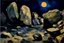 Placeholder: Rocks, night, 2000's sci-fi movies influence, edouard manet impressionism painting
