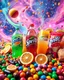 Placeholder: An image filled with Fanta, Coca-Cola, Sprite, chocolate, various fruit juices, candies, tropical fruit slices, various types of chocolates from global brands, M&M chocolates, chips, snacks, and chewing gum in a psychedelic, colorful, and eye-catching space.