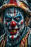 Placeholder: ultra detailed and highly realistic image of a gothic, scary clown, close up of him standing in the rain, the rain messed up his face makeup as it smudged of his face, chaotic, dramatic upclose view, 32k, splatter paint style