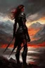 Placeholder: A formidable warrior girl in black armor, on the background Amazing gloomy landscape, flooded with sunset, mountains, trees, fabulous scary hero, , juicy emotions, painting, dark fantasy, bad weather, gloomy day, dark world, by Raymond Swanland & Alyssa Monks & Anna Razumovskaya