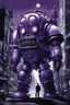 Placeholder: masterpiece, best quality, Big Daddy from Bioshock, in the style of Bioshock, Rapture city in the background, in the style of Hiroyuki Takei, duotone only purple and white, professional quality drawing, ultra detailed, only pencils, ultra detailed manga drawing, professional lighting, manga japanese comic style, 2 tone purple and white, duotone only purple and white