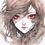 Placeholder: close-up headshot, woman with long brown hair, red eyes, red patches of detailed scales on face, pointed ears, beautiful monster, intricately detailed, colored sketchy manga style, splotchy watercolor background