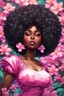 Placeholder: create a psychedelic digital enhance cartoon art style image with exaggerated features, 2k. cartoon image of a curvy size black female looking off to the side with a large thick tightly curly asymmetrical afro. Very beautiful. With pink and white plumeria flowers