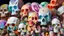 Placeholder: a picture of a dark, comedic, anatomically correct wall of colorful tightly packed skulls of varying sizes and expressions, photo realistic, insanely meticulous, highly detailed, part of a collection of bones on display, 64k, dystopian, vray