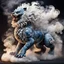 Placeholder: foo dog dragon with curly white fur, smokey breath and fire, a long tail, moving forward towards viewer, wrapped in smoke