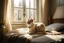 Placeholder: Lifelike cat-shaped bed with a cat lying on it in an elegant bedroom, bedside table, window, pictures on the walls in sunlight.