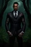 Placeholder: Jason David Frank Very muscular man with short hair and tribal tattoos in armani suit in forest, realistic face, close-up, dark fantasy, smoke in the sky, intricate details, hyper detailed