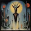 Placeholder: "Skinny Puppy" album cover, spirit Ogre wane goat tell seven key, by Wilfredo Lam, by Gerald Scarfe, weird-core landscape, social critique, sharp strong lines, ominous colors, scary hues, macabre illusions peaking from a dark industrial background, volumetric lighting