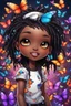 Placeholder: A sassy futurism ABSTRACT colorful art cartoon black chibi girl LOOKING DOWN, surrounded by colorful BUTTERFLIES. Looking up coyly, she grins widely, showing her platinum and diamond cap teeth. Highly detailed black shiny dread locs , regal expression.