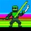 Placeholder: a pixel art-style, simple 64-bit Ninja with a rainbow outfit, retro gaming shinobi graphic style