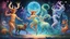 Placeholder: a line of creatures, all from the same species, immersed in a trippy, mind-bending realm. From left to right, the faun dances in swirling colors, a female faun shimmers ethereal. Male satyr pulsates with surreal energy, female satyr glows dream-like. Centaur radiates cosmic wisdom, ethereal female counterpart transcends reality. Male minotaur adorned with shifting patterns, female counterpart mesmerizes. Each creature in the line, a surreal interpretation of the faun, satyr, centaur, and minotau