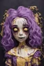 Placeholder: full color, illustration of a darkpurple and gold tones, menacing, Singer Melanie Martinez face, as a decayed, broken, crude homemade cloth doll toy, with a narrow cracked porcelain face, thick dark eyebrows, hair in two gradually, made from ragged strips of cloth, in the style of Alex Pardee, Tim Burton, and Nadya Sheremet