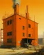 Placeholder: An orange colored mechanical factory with arrows painted by Birge Harrison