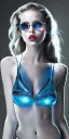 Placeholder: Scarlett Leithold intense red lips with dark glasses backlit blue and cyan light