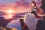 Placeholder: A woman from Genshin Impact, pale complexion and long brown hair, Her eyes are red with a diamond-shaped pupil, intricate background, intricate face, sitting on a cliff during sunset, contemplative, anime style, dynamic composition