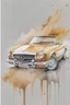 Placeholder: watercolor, zoom, soft, a detailed golden vintage cabriolet car, Mercedes Benz with white interior, graffiti elements, powerful zen composition, dripping technique, & the artist has used bright, clean elegant, with blunt brown border, 4k, detailed –n 9, ink flourishes, liquid fire, clean white background, zoom in, close-up,