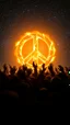 Placeholder: A field of random people rising hands up in a bright lighting , in the background a glowing a lot of of the universe stars and a huge circle of the peace sign with huge glowing fire’s texture