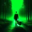 Placeholder: leaving home , a lonely figure with a suitcase, on a road from a dark neon city to an forest in the distance bathing in green light