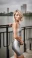 Placeholder: beautiful anorexic asian female, total shot, shiny silver triathlon swimsuit, short blond wavy bob hair, blurred city background