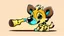 Placeholder: Cute chibi-style hyena dog, eating a big bone, cartoony, colorful, exaggerated, simplified, adorable