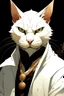 Placeholder: create a Khajiit White Cat antihero, in the comic book style of Mike Mignola, Bill Sienkiewicz, and Jean Giraud Moebius, with highly detailed skin and masculine facial features, dramatic natural lighting, and finely painted finely inked , dramatic natural lighting