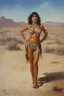 Placeholder: head to waist - native American Indian sports illustrated swimsuit model - Joan Collins - craggy desert wasteland background, 32k, UHD, Hyper-realistic oil painting by Gerald Brom