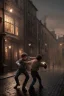 Placeholder: photorealistic painting of young boy fighting old boy, industrial era, night time, people in background, diagon alley