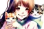 Placeholder: A cute smiling manga girl is holding a kitten. Watercolour