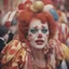 Placeholder: A woman , freckles, with a clown at the circus, 1970s, red, orange, pink, golden