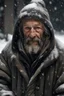 Placeholder: A homeless man real person, in the snow storm