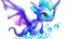 Placeholder: cartoon illustration: a cute ice dragon with big shiny eyes and two purple crystal wings. The dragon is flying.