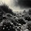 Placeholder: A striking quality Kodak close-up photograph captures a wasteland with groups of plants, creepy, details of the dust very accentuated, glossy, organic, adorned with minerals and rocks. Bathed in intense light, eerie, Max Ernst style, black sun, fog