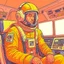 Placeholder: Moebius style scifi pilot with headphones, pilot helmet and exosuit sitting in a starship cockpit with solid colors with a desert and dusty station in the background