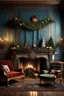 Placeholder: Christmas backdrop, Victorian style, fireplace, couch, presents, hyper realistic