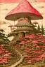 Placeholder: A pink castle with mushrooms painted by Utagawa Hiroshige