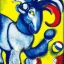 Placeholder: Marc Chagall style illustration of blue and yellow Bighorn Ram holding a football