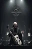 Placeholder: papež hraje na pódiu v blackmetalové kapale na baskytaru, biskup hraje na bicí, kardinál na elektrickou kytaru a řve do mikrofonu, ponurá atmosféra, veliká scéna koncertu, pentagram, obrácený kříž, veliký kontrast, hodně detailů, fotorealistické, RAW