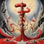 Placeholder: Caduceus in the backdrop of a crimson nightmare, by Yves Tanguy, by Gerald Scarfe, asymmetric surrealism, sharp focus, geometric dreamscape, complimentary primary colors, double helix figure, snake alf