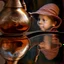 Placeholder: The reflection of a child on the surface of an old copper teapot