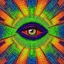 Placeholder: make a magical psychedelic background with the all seeing eye with the current color grid: orange, green, purple and blue