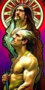 Placeholder: macho fine art portrait of we have seen better days in the style of Dan Mumford, Alphonse Mucha, Pythagorean, hypersigil