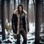 Placeholder: Handsome and muscular 30 year old mountain man wearing furry leather jacket, dark fantasy, snowy forest