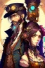 Placeholder: anime couple, steampunk , colorful, man with beard and woman with dark hair