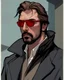 Placeholder: a young man who looks like hans gruber wearing a heavy coat and red sunglasses staring with an irritated look on his face