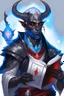 Placeholder: En Young male black skin tiefling fra dnd holding a book with Arcane Magic in a silver and White Rope. His horn a perfectly place on acet from the front to the back pointing upwards with glowing Red cat Eyes glowing Blue Arcane Magic around them ice crystals flowing around him. His close is elegant get simple. A black cat with red eyes Sitting on his Shoulder