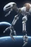 Placeholder: In a sci-fi starry sky background, a slender space flexible robotic arm with flexible joint is located on the satellite.The images have high resolution.